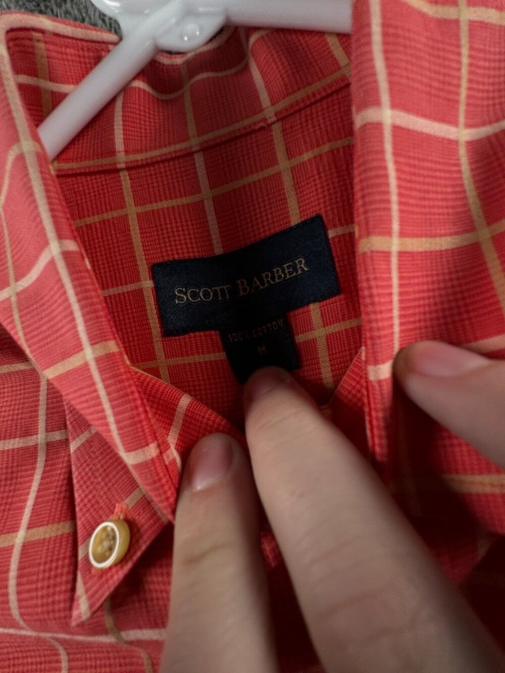 Scott Barber Medium Cotton Long Sleeve Button Up Shirt Red Check Adult Casual - Picture 9 of 14